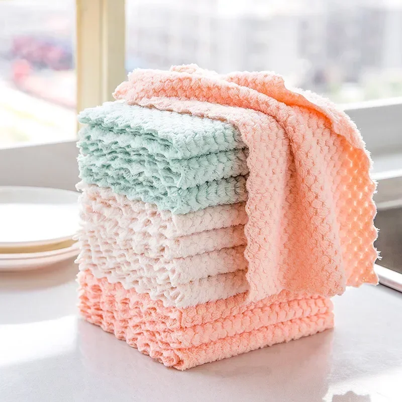 1/5/10pcs Dish Cleaning Towel Pineapple Grid Coral Fleece Cloth Household Kitchen Cleaning Cloth Non-stick Oil Fast Drying