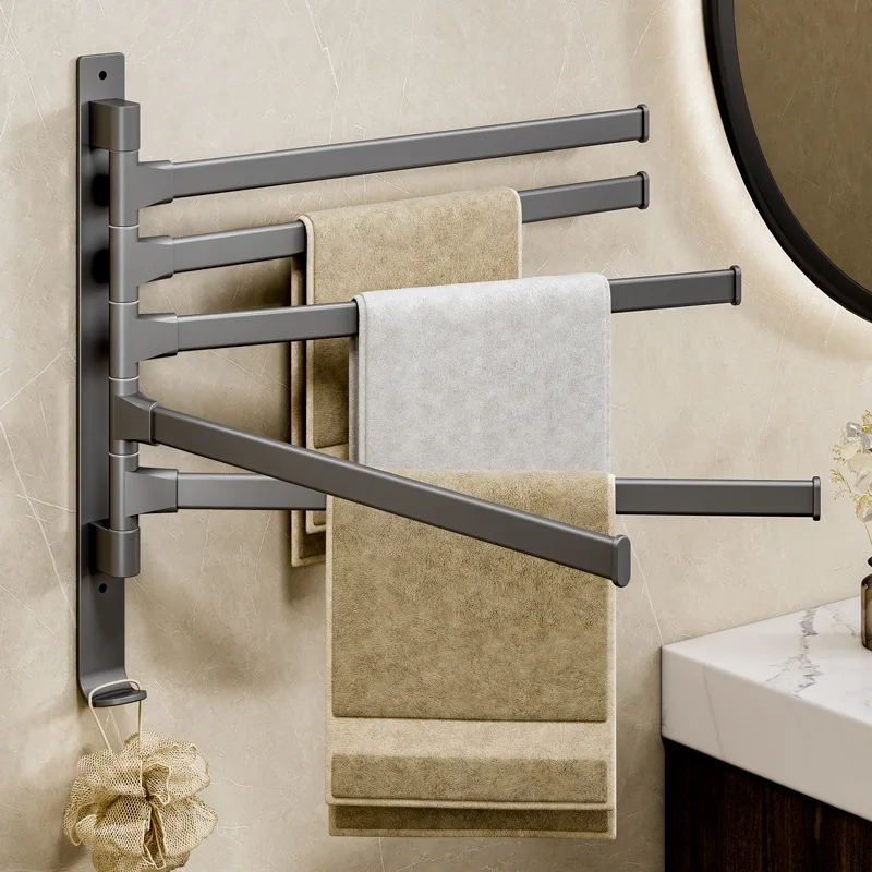 Bathroom Rotating Towel Bar Wall Mounted Non Perforated Iron Towel Storage Rack For Household Bathroom Storage Products